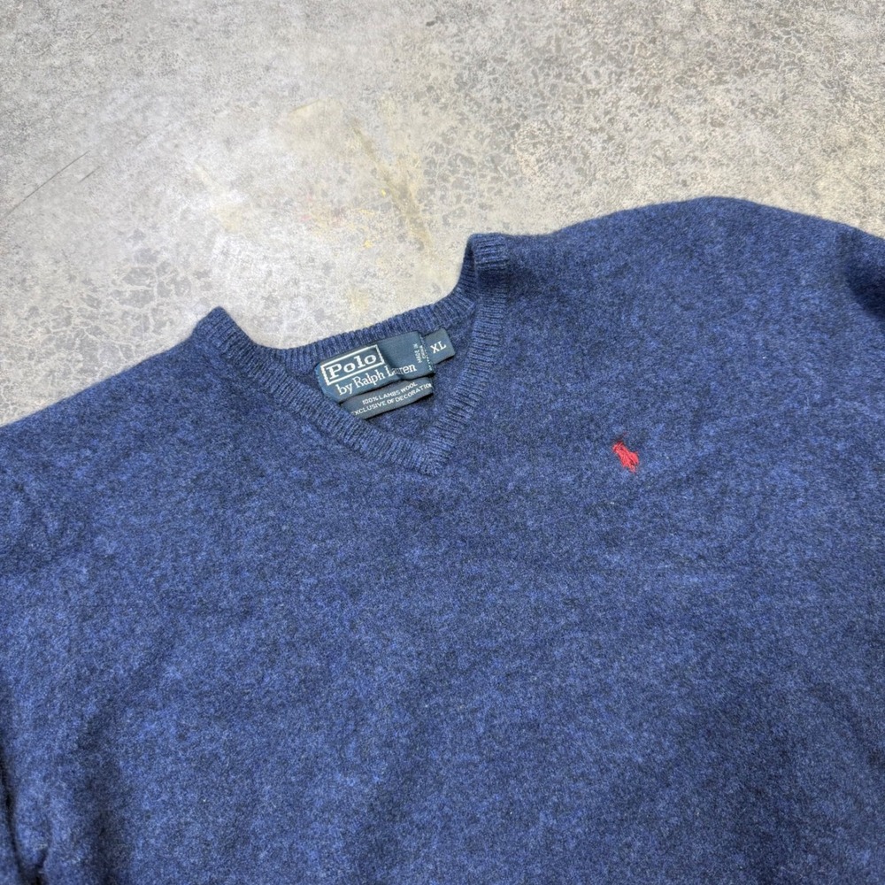 Vintage 90s Polo Ralph Lauren Sweater Kids XL Blue V-Neck Lambswool Pullover